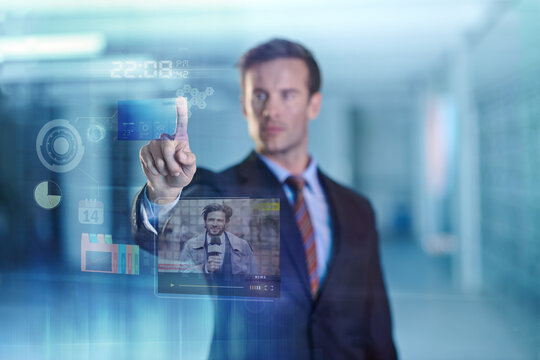 Businessman, news and hologram with display of digital interface with reporter. Male person, online and check update on global information with future or advanced technology and high tech for data