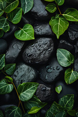 Obraz na płótnie Canvas Black stones accompanied by green leaves