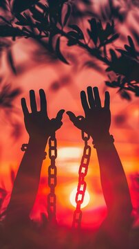 International day for the remembrance of the slave trade and its abolition concept: Silhouette human hands raising and broken chains on blurred red sunset