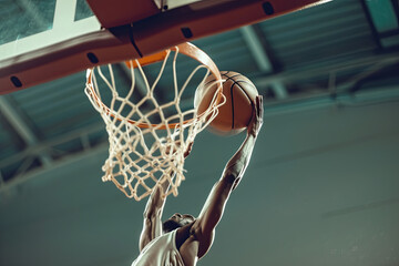 A Basketball Player executing an athletic, remarkable slam dunk - obrazy, fototapety, plakaty