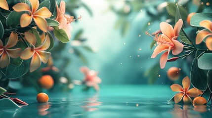 Tropical flowers and leaves with bokeh effect. Summer concept.