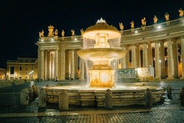 Fountain in the Vatican at night, Italy