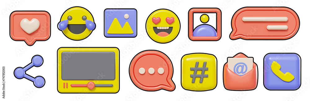 Poster set of social media related icons. isolated simple 3d rendering