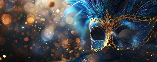 Realistic luxury carnival mask with blue feathers. Abstract blurred background, gold dust, and...