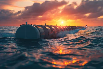 Fototapeten Ocean wave energy converter at sunrise, innovative marine technology harnessing renewable power, serene sea backdrop © Nisit
