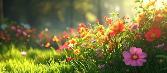 Several autumn flowers are blooming within a bed of lush green grass, creating a harmonious blend of colors and textures in a natural outdoor setting.