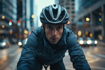 Close-up of a cyclist navigating through the bustling city streets, focus on the determination in their eyes, urban adventure 