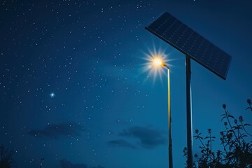 Close-up of an energy-efficient LED streetlight powered by solar energy, urban sustainability, night setting with a clear starry sky 