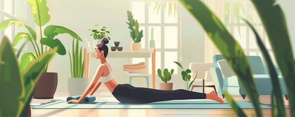 Obraz na płótnie Canvas Yoga at home active lifestyle woman rolling exercise mat in living room for morning meditation yoga banner background.
