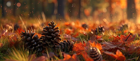 A cluster of pine cones scattered on vibrant green grass, showcasing the beauty of nature in a serene setting. - Powered by Adobe