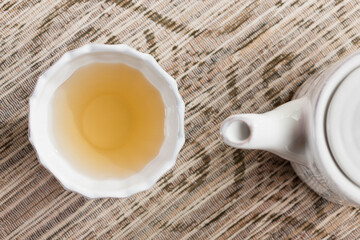 Teacup with tea and teapot