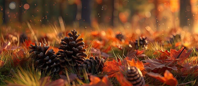 A cluster of pine cones scattered on vibrant green grass, showcasing the beauty of nature in a serene setting.