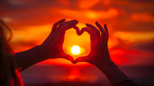 Image of someone raising their hands while forming a love symbol, with a sunset background, Ai generated Images