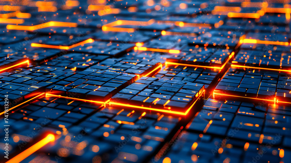 Poster future of computing and ai, digital processor and circuit concept, blue glowing light on black backg
