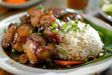 Close-up image of a Filipino adobo dish, chicken or pork in a savory soy sauce marinade, authentic style