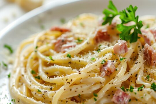 Close-up image of a single dish of Spaghetti Carbonara, Italian cuisine, detailed textures