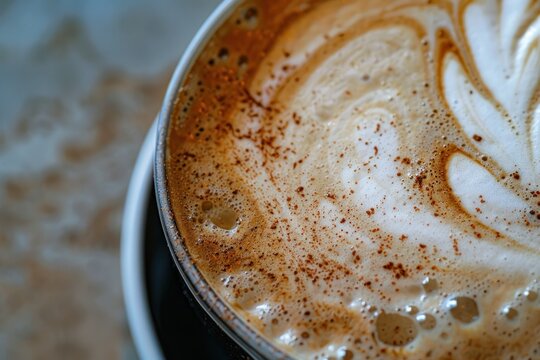 Close-up of a Cappuccino in a cafe setting, perfect foam art on top, warm and inviting ambiance