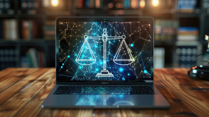 Laptop computer with legal law scale information and regulations for company and corporate trade license registration and court governance compliance for online and modern business  - obrazy, fototapety, plakaty