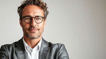 A charismatic businessman exuding warmth and authority, his confident gaze captivating against the simplicity of a white background - obrazy, fototapety, plakaty