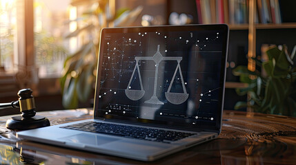 Laptop computer with legal law scale information and regulations for company and corporate trade license registration and court governance compliance for online and modern business  - obrazy, fototapety, plakaty