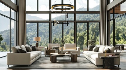 An airy living room with floor-to-ceiling windows offering panoramic views of nature. 