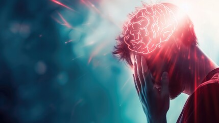 Stressed young man with brain on dark background. Toned image. Headache concept 