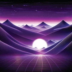 Fototapeten Retro Futuristic Sci-Fi Background with Purple Grid Landscape and lines in the corners © sindu