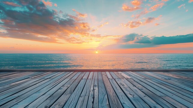 Wooden deck overlooking a serene sunset at sea. Perfect background for inspirational quotes or travel and vacation themes.