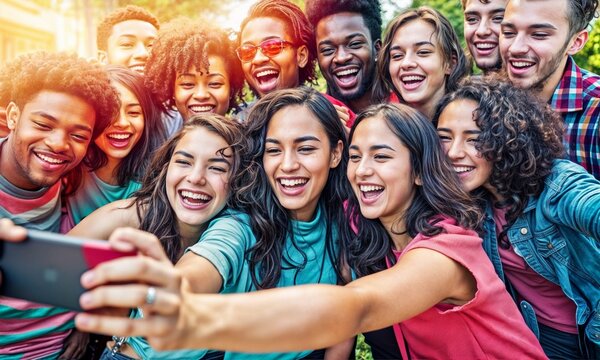 A diverse group of 12 young adults of all races pose together for a photo, taking a selfie with a cell phone. They are all smiling and seem to be enjoying themselves.