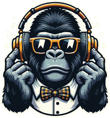 Cool young DJ Gorilla with headphones and sunglasses enjoys the music