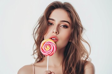 pretty young woman eating lollipop candy, sensual pose photo on white isolated background