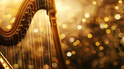 Golden Harp Strings in Warm Bokeh Light. Close-up of a classical harp with golden strings and...