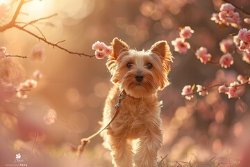Cute dog on a leash during spring