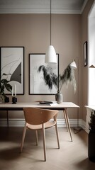 Cozy living room with wicker chair, lamp, paintings & couch.
