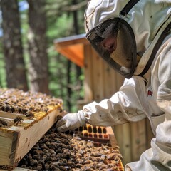 Beekeeper in protective gear with a hive 