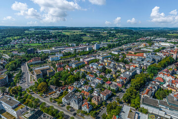 Fototapeta na wymiar Ravensburg in Oberschwaben von oben, Ausblick über das Bahnhofsviertel ins Schussental