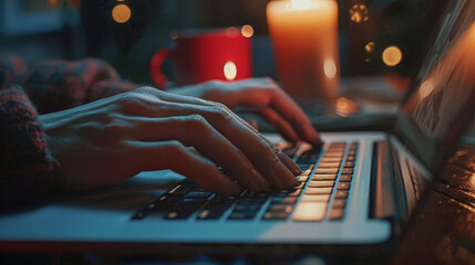 Close-up of hands typing on a laptop keyboard, with the warm glow of lights and a cozy red mug, suggesting a comfortable remote work setting. - obrazy, fototapety, plakaty