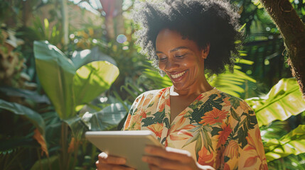 A content woman immersed in her tablet amidst lush green foliage, radiating a relaxed and happy tech-savvy lifestyle.