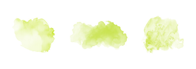 Set of abstract green watercolor water splash on a white background. Vector watercolour texture in salad color. Ink paint brush stain. Green splatters spot. Watercolor pastel splash