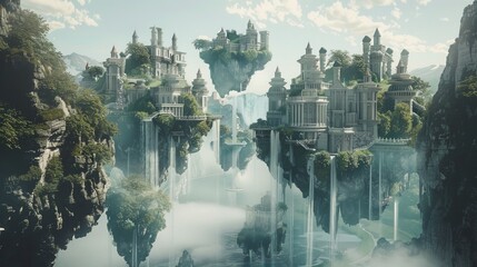 ethereal vision of a floating paradise, where architectural marvels stand tall on verdant islands, and waterfalls plunge into the cloud-covered abyss