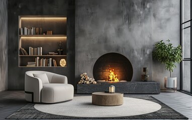 Industrial living room in grey soft armchair with solid wooden coffee table over carpet near circles fireplace and bookshelf in concrete dark wall - obrazy, fototapety, plakaty