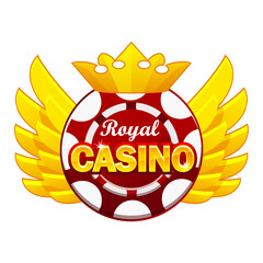 Casino icon with golden wings, crown and poker chip