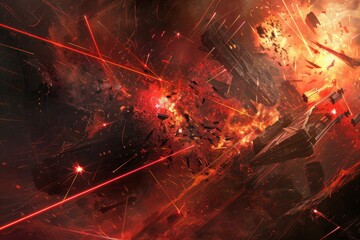 intense scene from a space battle, where the remnants of destroyed starships illuminate the void with their fiery glow
