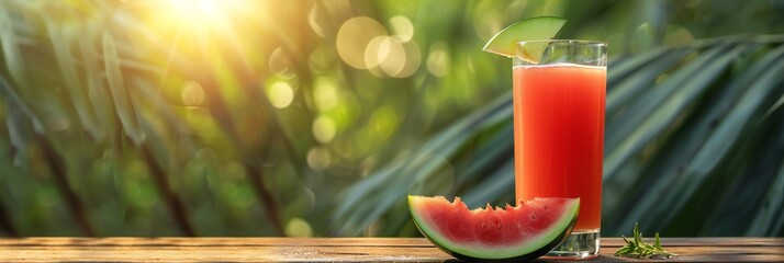 Glass of freshly made watermelon juice with lime and mint on wooden table outdoors, space for text,...