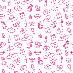 seamless, pink pattern. Pattern with contour details for a girl. Shoes, lipstick, earrings, glasses, jewelry, heart. Print on textiles, paper, banner. art vector illustration. barbie style 