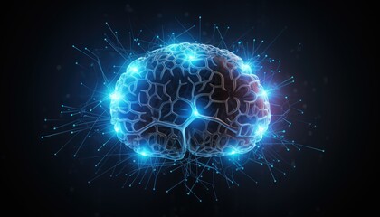 Obraz premium A wireframe mesh of a human brain with glowing blue lines connecting different parts