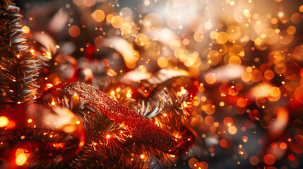 Festive Christmas Decor, Sparkling Lights and Golden Ornaments, Warm Holiday Celebration, Merry Xmas Background