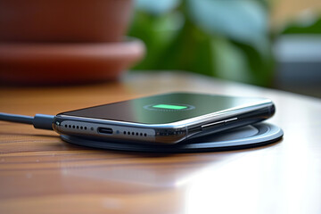 A phone connected to a wireless charger
