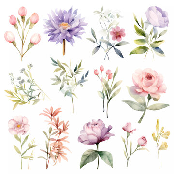 watercolor floral bouquet clipart collection in pastel colors on white background ,  watercolor floral elements