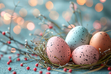 Easter themed card in light colors with colorful colored solid eggs,Easter concept